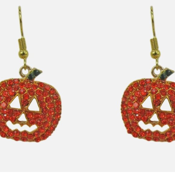 Halloween Crystal Pumpkin Earrings in all Orange Crystals and Gold Plated finish - Picture 4 of 5